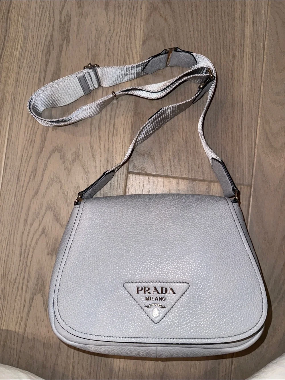 Prada Grey Pebbled Leather Crossbody Saddle Bag, Vitello Daino